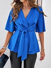 tanie Eleganckie topy-Damskie Koszula Eleganckie topy Jednokolorowe Równina Elegancja Elegancki Rękaw 1/2 W serek Praca Codzienny zawiązać z przodu Z marszczeniami Czarny Biały Królewski błękit Chłodny róż Lato Wiosna