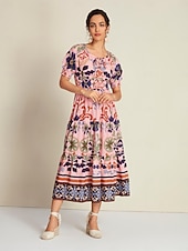 levne Květinové šaty-Dámské Elegantní šaty Midi šaty Světlá růžová Krátký rukáv Květinový Šňůrky Jaro léto Šněrování na krku Elegantní šaty Rande S M L