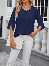 cheap Women&#039;s Plain Tops-Shirt Blouse Women&#039;s White Pink Wine Plain Sexy Street Daily Fashion Round Neck Regular Fit S
