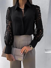 economico Top eleganti-Per donna Camicia Top eleganti Tinta unica Liscio Moda Moderno Manica lunga Rimborsate Colletto Ufficio Pizzo Occhiello Nero Bianco Estate Primavera Autunno