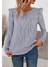 cheap Dressy Tops-Women&#039;s Tunic Striped Stylish Long Sleeve Crew Neck Work Daily Ruffle Asymmetric Hem Blue Spring Fall