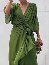 cheap Cocktail Dress-Women&#039;s Chiffon Dress Maxi Dress Chiffon Lace up Ruffle Party Wedding Guest Date Elegant Streetwear V Neck 3/4 Length Sleeve White Blue Green Color