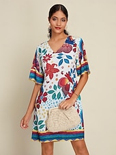 abordables Vestidos florales-Mujer Vestido Estampado Mini vestido Blanco Media Manga Flores Estilo Floral Estampado Verano Escote en Pico Vestidos XS S M