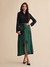 baratos saia feminina-Saia maxi de cetim com bolinhas peplum com cinto e pontas duplas