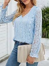 abordables Hauts en dentelle-Hauts en dentelle élégants pour femmes Blouse en œillets Élégant Haut en dentelle uni à manches lanternes à manches longues col en V Hauts romantiques petits pour l&#039;été Vacances de l&#039;été Rose Bleu