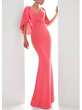 abordables ROUGE-Robe de soirée en ligne élégante robe formelle automne longueur au sol à manches courtes décolleté en V en chiffon extensible avec volants froncés 2025