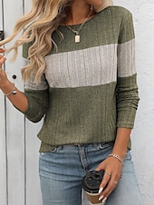 economico Motivi grafici e dettagli-Per donna Felpa Moda Color Block A coste Girocollo Stampa Manica lunga Top regolari Maglia Ufficio Nero Rosa Primavera Autunno