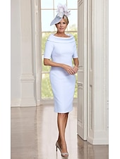 economico Lunghezza del tè-Abito Madre della Sposa Sheath Elegante Collo Gioiello Lunghezza Ginocchio Tessuto Elastico Manica Corta con Colore Solido 2025 misura personalizzata gratuita