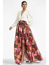 cheap FLORALS-A-Line Evening Gown High Split Dress Formal Wedding Guest Floor Length Long Sleeve V Neck Belt / Sash Satin with Floral Print Slit Wedding Guest Dress