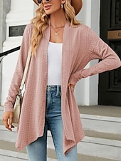 billige casual jakker-Dame Kofte Elegant Fritid Helfarge عادي Vaffelstruktur Åpen Forside Asymetrisk kant Langermet Vanlige topper Strikke Daglig Rosa Grønn Vår Høst