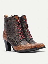 cheap Cowboy &amp; Western Boots-Women&#039;s Vintage Lace-Up Ankle Boots - Stylish Patchwork High Heels for Oktoberfest, Casual, and Formal Wear