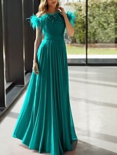 cheap YELLOW-A-Line Evening Gown Elegant Dress Formal Floor Length Sleeveless Off Shoulder Stretch Chiffon with Feather Pleats 2025