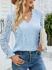 abordables Hauts en dentelle-Hauts en dentelle élégants pour femmes Blouse en œillets Élégant Haut en dentelle uni à manches lanternes à manches longues col en V Hauts romantiques petits pour l&#039;été Vacances de l&#039;été Rose Bleu