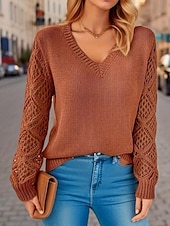 preiswerte Einfarbige Farben-Damen Pullover Elegant Feste Farbe Gehäkelt V Ausschnitt Strick Langarm Normale Oberteile Stricken Täglich Blau Fuchsie Frühling Herbst