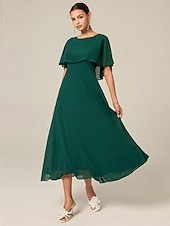 billige Kjoler til nyttårsaften-kvinners bryllup gjestecocktailkjole chiffon volang elegant formell midi a line kjole rund hals kortermet utsvingt erme mørk grønn farge