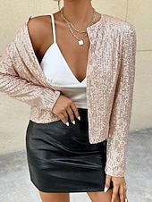 cheap Furs &amp; Leathers-Women&#039;s Casual Jacket Dailywear Sequin Solid Color Cool Regular Fit Outerwear Long Sleeve Spring Rose Gold S