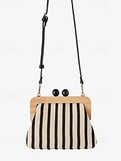 olcso Retikülök és estélyi táskák-női csíkos vászon crossbody táska – retro favázas kis válltáska állítható pánttal – fekete és bézs, ideális hétköznapi kirándulásokhoz és utazásokhoz