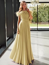 cheap YELLOW-A-Line Evening Gown Elegant Dress Formal Floor Length Sleeveless Off Shoulder Stretch Chiffon with Feather Pleats 2025