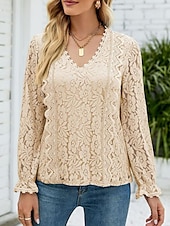 abordables Hauts en dentelle-Hauts en dentelle élégants pour femmes Blouse en œillets Élégant Haut en dentelle uni à manches lanternes à manches longues col en V Hauts romantiques petits pour l&#039;été Vacances de l&#039;été Rose Bleu