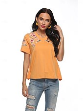 billige Blomster t-skjorte-Thanksgiving Day Dame Boho T-skjorte Blomstret Bohem Fritid Kortermet Lanterne Erme V-hals Lange topper Daglig Ut på byen Helg Gul Oransje Vår