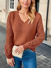 preiswerte Einfarbige Farben-Damen Pullover Elegant Feste Farbe Gehäkelt V Ausschnitt Strick Langarm Normale Oberteile Stricken Täglich Blau Fuchsie Frühling Herbst