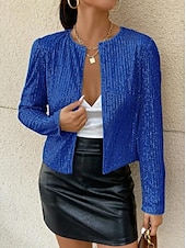 cheap Furs &amp; Leathers-Women&#039;s Casual Jacket Dailywear Sequin Solid Color Cool Regular Fit Outerwear Long Sleeve Spring Rose Gold S