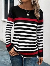 billige Stripe og geometrisk t-skjorte-dame t-skjorte uformelt trykk lange ermer vanlige topper rund hals daglig svart blå oransje vår høst