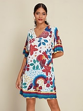 abordables Vestidos florales-Mujer Vestido Estampado Mini vestido Blanco Media Manga Flores Estilo Floral Estampado Verano Escote en Pico Vestidos XS S M