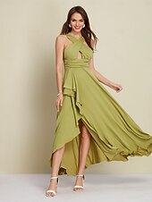 abordables Robe de cocktail-Robe longue de soirée/mariage/cocktail vert armée pour femme, en satin vert, col licou, fente sur le devant, robe asymétrique à volants pour impressionner 2024