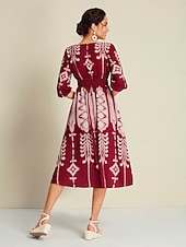 levne Květinové šaty-Dámské Volné šaty Resort Wear Midi šaty Cihlově červená Poloviční rukáv Folk Potisk Jaro léto Do V prázdniny Běžné Denní S M L