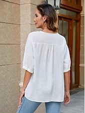 abordables Chemises-Femmes Chemise Chemises inspirées du lin Couleur Unie Fleuri Occasionnel Boho Manche 3/4 Manches au coude Col ras du cou Hauts Réguliers Vacances Soirée Quotidien Broderie Blanche Jaune Kaki Automne