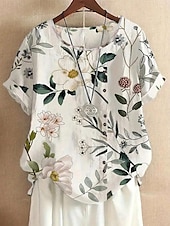 billige Blomstrete topper-Kvinnes Skjorte Bluse Elegant Blomstertrykk Kort Sleeve Vanlige Topper Crew Neck Daglig Lin Som Lys Grønn Sommer