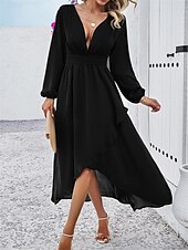 voordelige Chiffon Jurken-Dames Maxi-jurk Casual jurk Cocktail jurk Bruiloft gast jurk Chiffon jurk Elegant Maxi Casual Werk Straat Feestdagen Normale pasvorm Lange mouw V-hals Zwart Rood Marineblauw Groen Herfst
