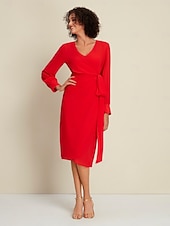 رخيصةأون فساتين الحفلات-فستان شيفون أحمر سادة لحفلات الزفاف/حفلات الضيوف برباط أمامي ملفوف بأكمام طويلة طقم فستان لإبهار 2024