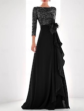 billiga SVART-A-linje Sequin Kvällsklänning Elegant Klänning Formell Asymmetrisk Långärmad Hög Nacke Chiffon med Fjädrar Pärlor Maskeradklänning