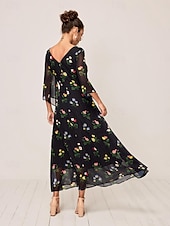 economico Abiti eleganti floreali-Per donna Vestito maxi Abito linea A Elegante Moda Manica svasata Invitati del matrimonio Giornaliero Cocktail party Standard Floreale Manica a 3/4 A V Nero Estate Autunno