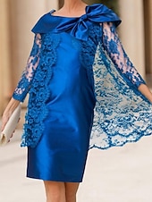 economico Con giacca-Abito a tubino a due pezzi per madre della sposa Abito elegante con collo gioiello in raso pizzo senza maniche lunghezza ginocchio con giacca e fiocco in pizzo 2025 taglia personalizzata gratuita