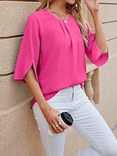 cheap Women&#039;s Plain Tops-Shirt Blouse Women&#039;s White Pink Wine Plain Sexy Street Daily Fashion Round Neck Regular Fit S