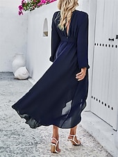 voordelige Chiffon Jurken-Dames Maxi-jurk Casual jurk Cocktail jurk Bruiloft gast jurk Chiffon jurk Elegant Maxi Casual Werk Straat Feestdagen Normale pasvorm Lange mouw V-hals Zwart Rood Marineblauw Groen Herfst