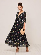 economico Abiti eleganti floreali-Per donna Vestito maxi Abito linea A Elegante Moda Manica svasata Invitati del matrimonio Giornaliero Cocktail party Standard Floreale Manica a 3/4 A V Nero Estate Autunno