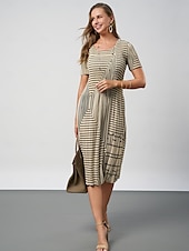 billige Blomstrete kjoler-Dame Midikjole Skiftkjole Elegant Fritid Arbeid Daglig Løstsittende Stripe Kortermet Crew-hals Svart Kakifarget Sommer