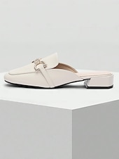preiswerte Clogs &amp; Pantoletten für Damen-weiße Damen-Pantoletten aus Leder mit Strass-Schnalle – elegante Slipper zum Hineinschlüpfen für lässige und formelle Outfits
