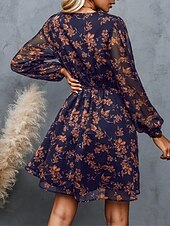 preiswerte Elegante Blumenkleider-Damen Freizeitkleid formelles Kleid Blumendruck V-Ausschnitt Minikleid stilvoll lässig täglich Date Langarm Sommer