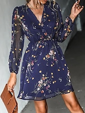 preiswerte Elegante Blumenkleider-Damen Freizeitkleid formelles Kleid Blumendruck V-Ausschnitt Minikleid stilvoll lässig täglich Date Langarm Sommer