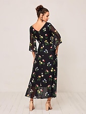 economico Abiti eleganti floreali-Per donna Vestito maxi Abito linea A Elegante Moda Manica svasata Invitati del matrimonio Giornaliero Cocktail party Standard Floreale Manica a 3/4 A V Nero Estate Autunno