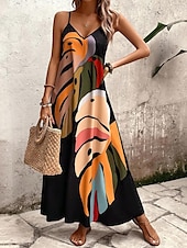 abordables Robes hawaïennes-Robe Maxi Femme Robe Solaire Robe A Line Robe Florale Stylée Flottante Vacances Décontractée Plage Coupe Ample Peinture à l&#039;Huile Sans Manches Col V Noir Été