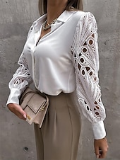 economico Top eleganti-Per donna Camicia Top eleganti Tinta unica Liscio Moda Moderno Manica lunga Rimborsate Colletto Ufficio Pizzo Occhiello Nero Bianco Estate Primavera Autunno