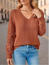 preiswerte Einfarbige Farben-Damen Pullover Elegant Feste Farbe Gehäkelt V Ausschnitt Strick Langarm Normale Oberteile Stricken Täglich Blau Fuchsie Frühling Herbst