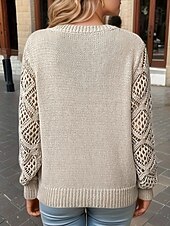 preiswerte Einfarbige Farben-Damen Pullover Elegant Feste Farbe Gehäkelt V Ausschnitt Strick Langarm Normale Oberteile Stricken Täglich Blau Fuchsie Frühling Herbst