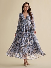 abordables Robes décontractées-femme robe longue invité de mariage bleu manches longues fleurs / plantes mousseline impression printemps &amp;amp;  Robe à motif col en V d&#039;automne, robe volante, robes corset s m l